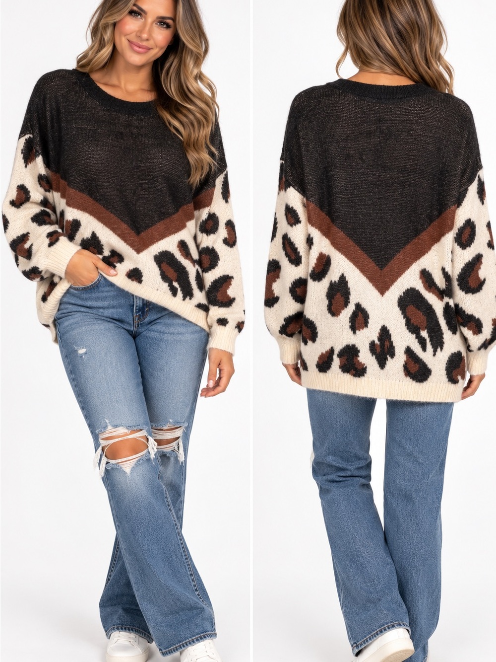 easel Leopard Chevron Colorblock Knit Sweater - Black, Cream & Brown